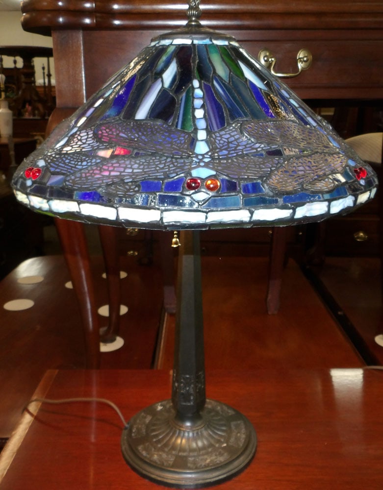 Leaded & Stained Glass Tiffany Style Dragonfly Lamp (1 of 4)
