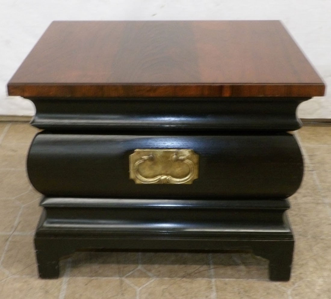 Rosewood & Ebony One Drawer Stand by Tomlinson: Rosewood & Ebony One Drawer Stand by Tomlinson. 21 1/2" W 17 1/2" D 17 1/2" H "ALL DESCRIPTIONS AND ANY CONDITION STATEMENT GIVEN BY LANGSTON AUCTION GALLERY ARE STRICTLY OPINIONS AND LANGSTON'S SHALL