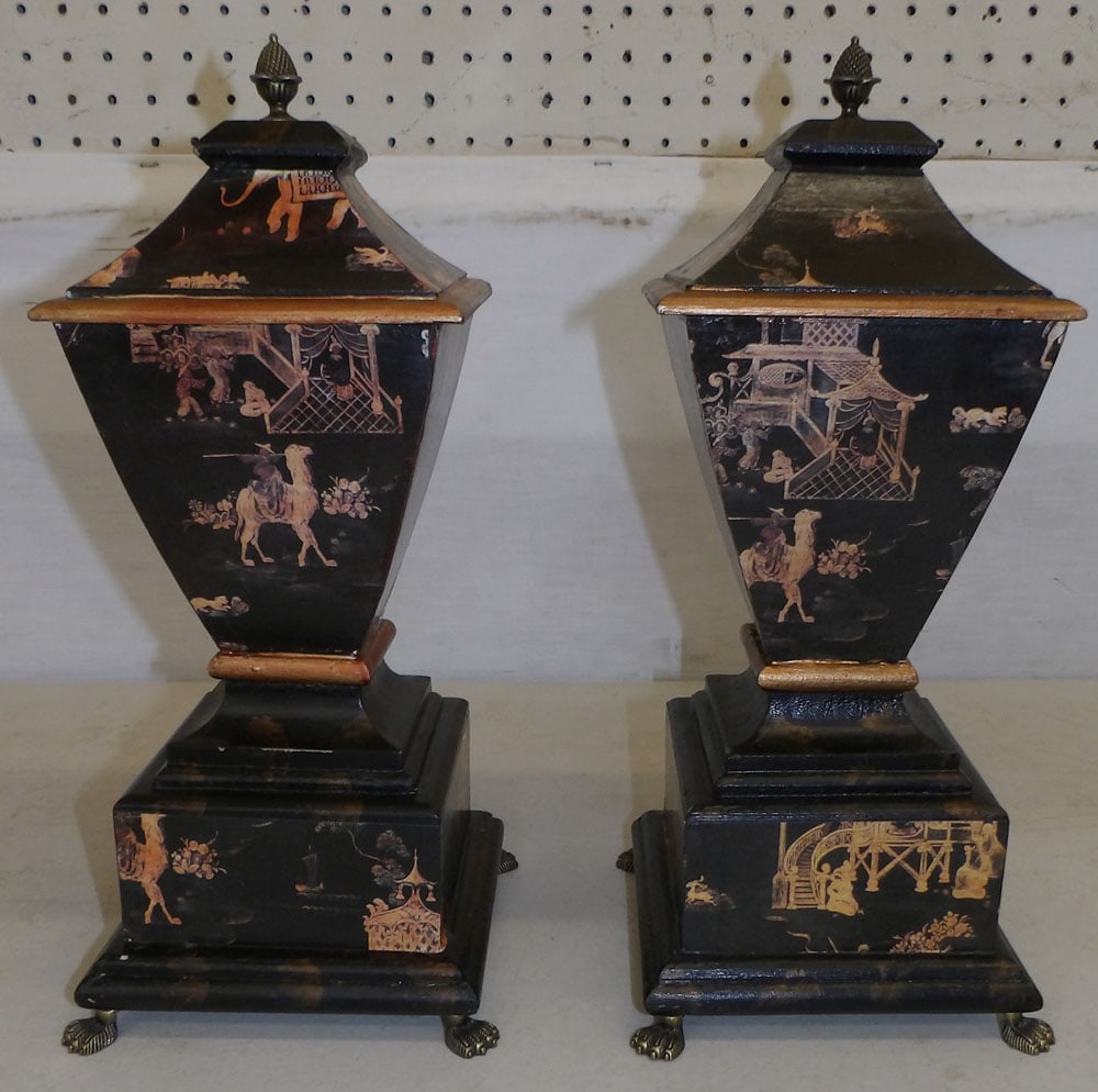 Chinoiserie Decoupage & Paint Decorated Wood Urns: Chinoiserie Decoupage & Paint Decorated Wood Urns. 15 1/4" H "ALL DESCRIPTIONS AND ANY CONDITION STATEMENT GIVEN BY LANGSTON AUCTION GALLERY ARE STRICTLY OPINIONS AND LANGSTON'S SHALL HAVE NO RESPONSI