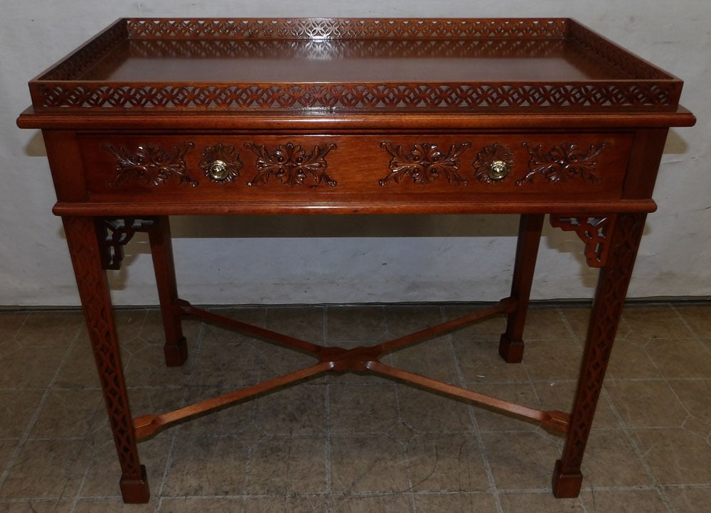 Carved Mahogany Chinese Chippendale One Drawer Tea Table with Open Work Gallery, (Attributed to (1 of 9)