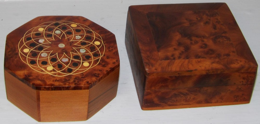 Two Burled Olive Wood Boxes, (One with Mother of Pearl Inlay) (1 of 5)