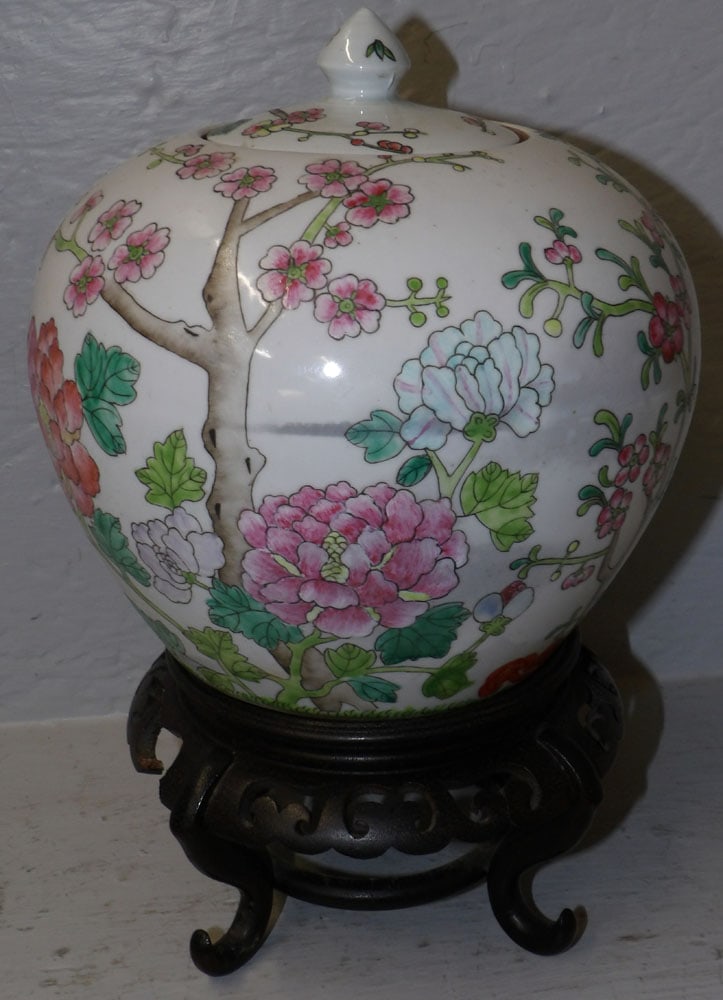Oriental painted porcelain covered jar signed with character marks on teak wood stand (1 of 4)
