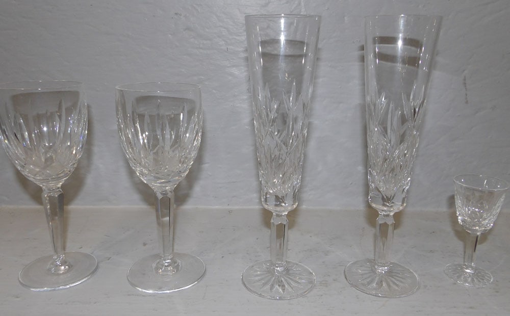 Three Waterford Wines & Two Tiffany & Company Champagne Flutes: Three Waterford Wines & Two Tiffany & Company Champagne Flutes. Up to 8 1/2" H "ALL DESCRIPTIONS AND ANY CONDITION STATEMENT GIVEN BY LANGSTON AUCTION GALLERY ARE STRICTLY OPINIONS AND LANGSTON'S SHAL