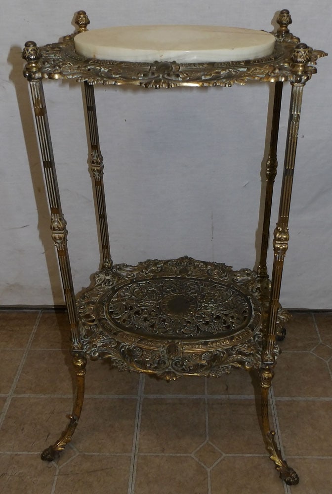 gilded metal marble top two tier stand (1 of 5)