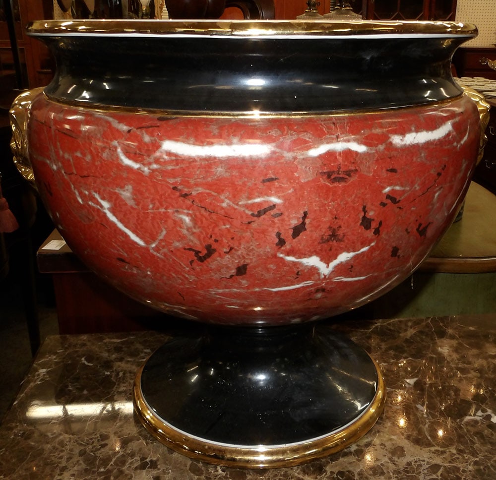 large Italian porcelain faux marble pedestal base jardiniere with Northwind face handles (1 of 5)