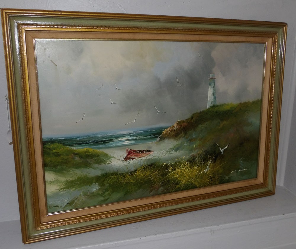 framed oil on canvas coastal scene signed by artist (1 of 6)