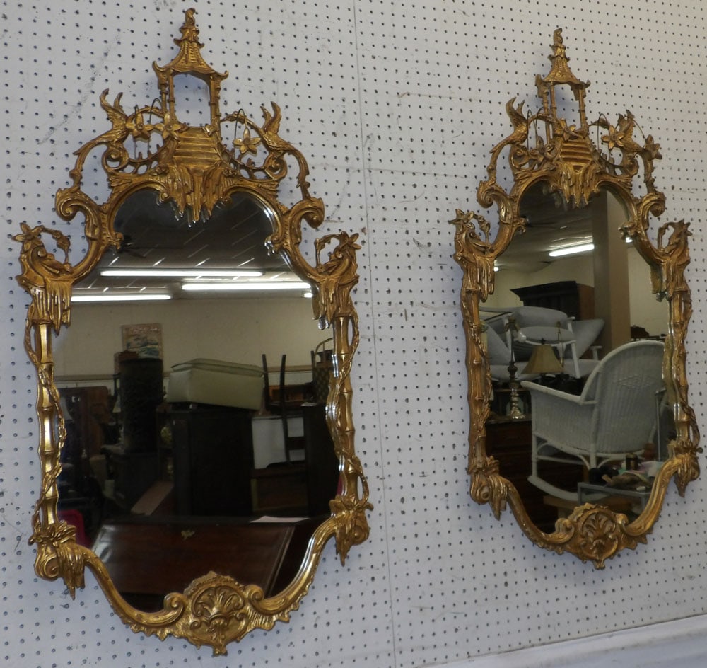 pair of gilded Chippendale mirrors with phoenix bird crest and pagoda shaped top (1 of 13)