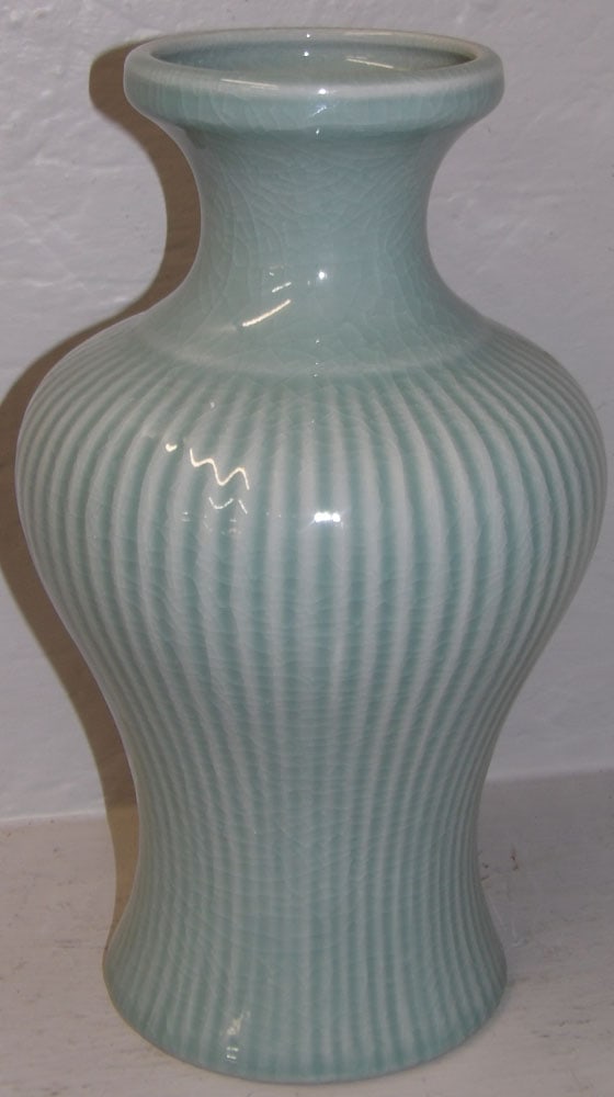 Chinese Celadon Crackleware Ribbed Motif Porcelain Vase (1 of 3)
