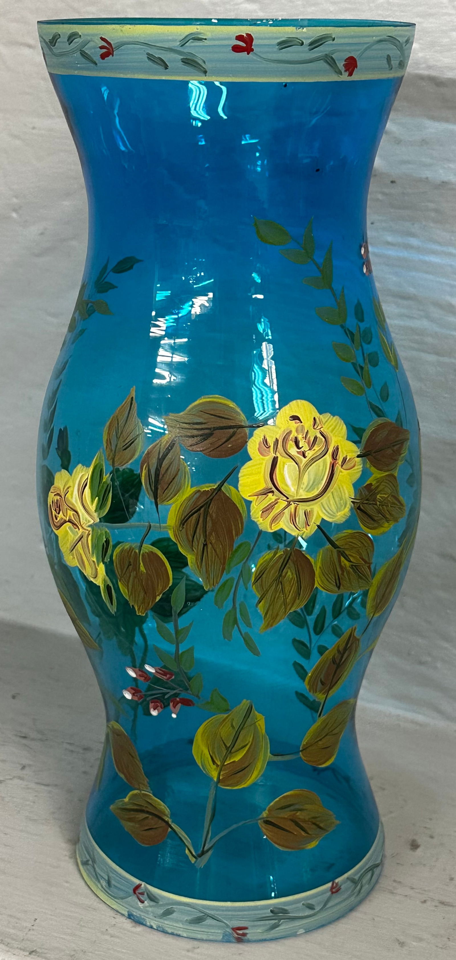 Enamel Paint Decorated Blue Hurricane Candlestick Shade: Enamel Paint Decorated Blue Hurricane Candlestick Shade. 12 3/4" H "ALL DESCRIPTIONS AND ANY CONDITION STATEMENT GIVEN BY LANGSTON AUCTION GALLERY ARE STRICTLY OPINIONS AND LANGSTON'S SHALL HAVE NO RE