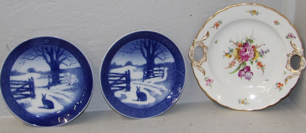 Hand Painted Porcelain Floral Dresden Bowl & Two Royal Copenhagen Plates, (Hare in Winter) (1 of 5)