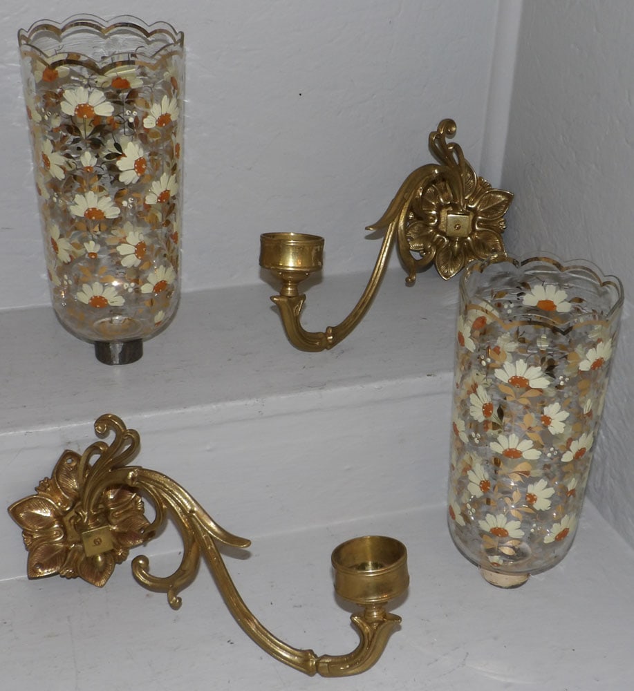 Pair of Ornate Brass Wall Sconces with Antique Enamel Paint Decorated Glass Shades (1 of 6)