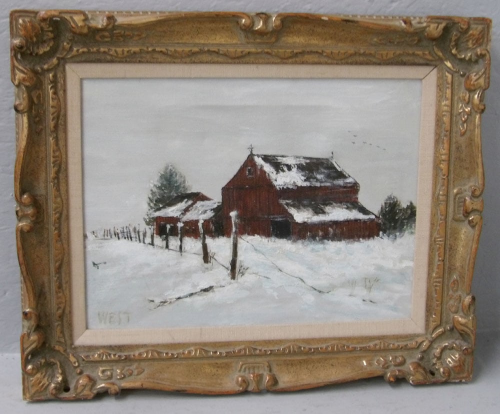 Framed Oil on Canvas Snow Scene of 'The Old Red Barn' Artist Signed (1 of 6)