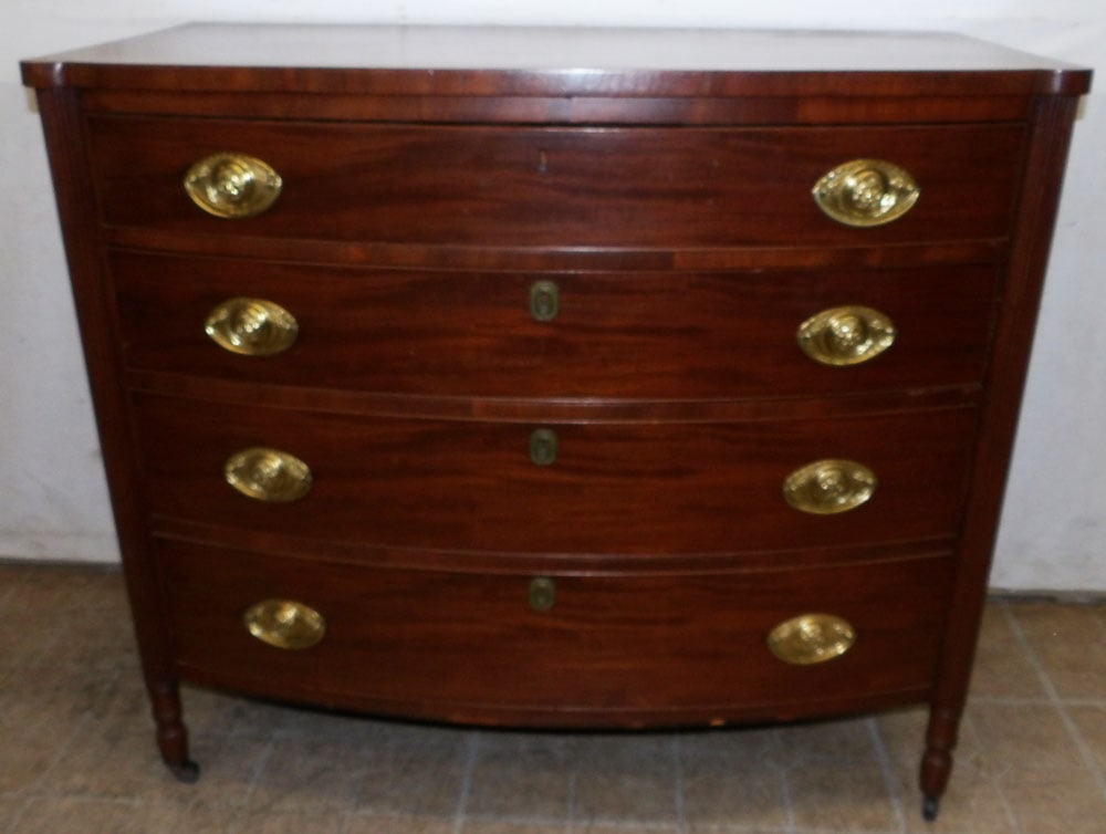 19th century mahogany four drawer Sheraton chest: 19th century mahogany four drawer Sheraton chest . 44 1/2" W 23 3/4" D 39" H "ALL DESCRIPTIONS AND ANY CONDITION STATEMENT GIVEN BY LANGSTON AUCTION GALLERY ARE STRICTLY OPINIONS AND LANGSTON'S SHALL 