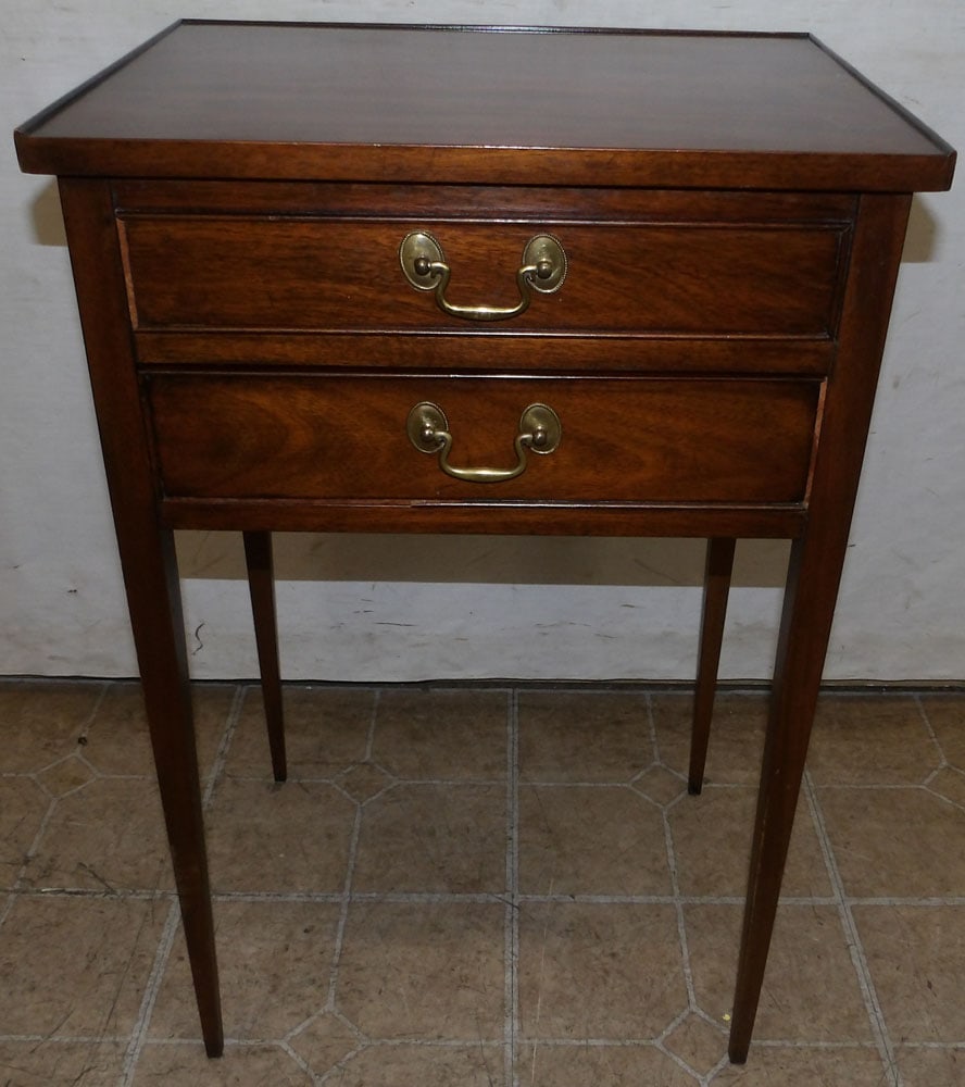 mahogany 2 drawer night stand by Henkel Harris: mahogany 2 drawer night stand by Henkel Harris . 18 1/4" W 13 1/2" D 28 3/4" H "ALL DESCRIPTIONS AND ANY CONDITION STATEMENT GIVEN BY LANGSTON AUCTION GALLERY ARE STRICTLY OPINIONS AND LANGSTON'S SHAL