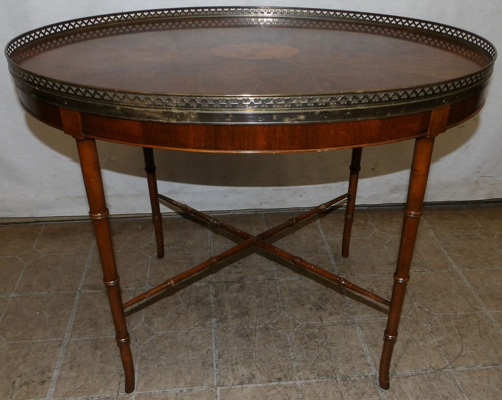 mahogany & burl elm wood inlay oval tea table with brass gallery by Baker (1 of 4)