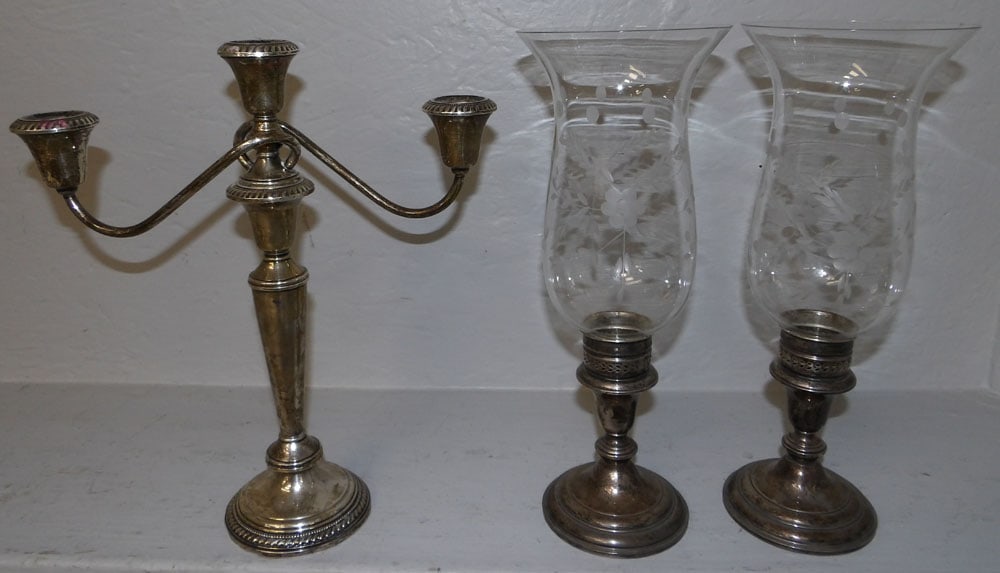 Pair of Sterling Weighted Candlesticks with Etched Shades & Three Light Sterling Weighted Candelabra (1 of 5)