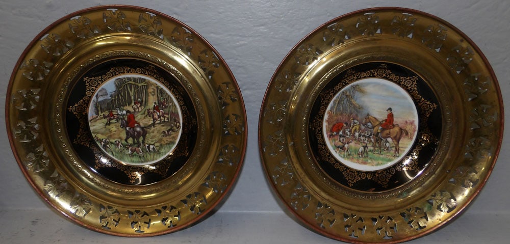 pair of brass open work framed fox hunt scene English porcelain bowls by Regency Bone China: pair of brass open work framed fox hunt scene English porcelain bowls by Regency Bone China. 10" Dia. "ALL DESCRIPTIONS AND ANY CONDITION STATEMENT GIVEN BY LANGSTON AUCTION GALLERY ARE STRICTLY OPINI