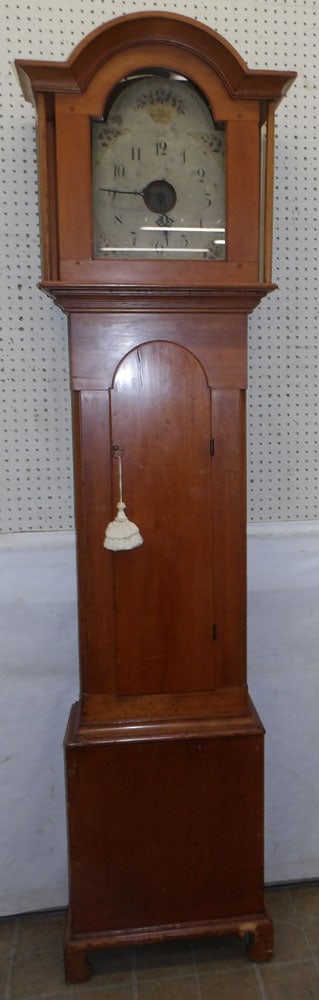 19th century new England pine grandfather clock with wooden works and painted dial (1 of 4)