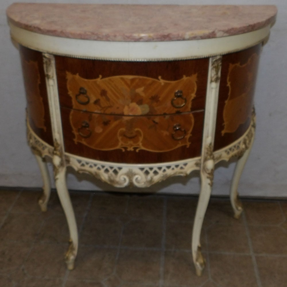 painted and walnut inlaid marble top demilune commode (1 of 7)