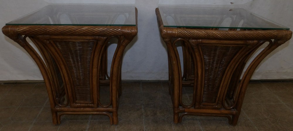 pair of Rattan glass top end tables (1 of 3)