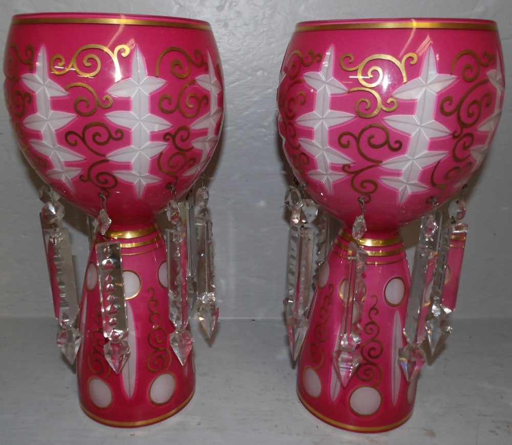 pair of Bohemian pink and gold enamel lusters with prisms: pair of Bohemian pink and gold enamel lusters with prisms. 13 1/2" H "ALL DESCRIPTIONS AND ANY CONDITION STATEMENT GIVEN BY LANGSTON AUCTION GALLERY ARE STRICTLY OPINIONS AND LANGSTON'S SHALL HAVE NO 