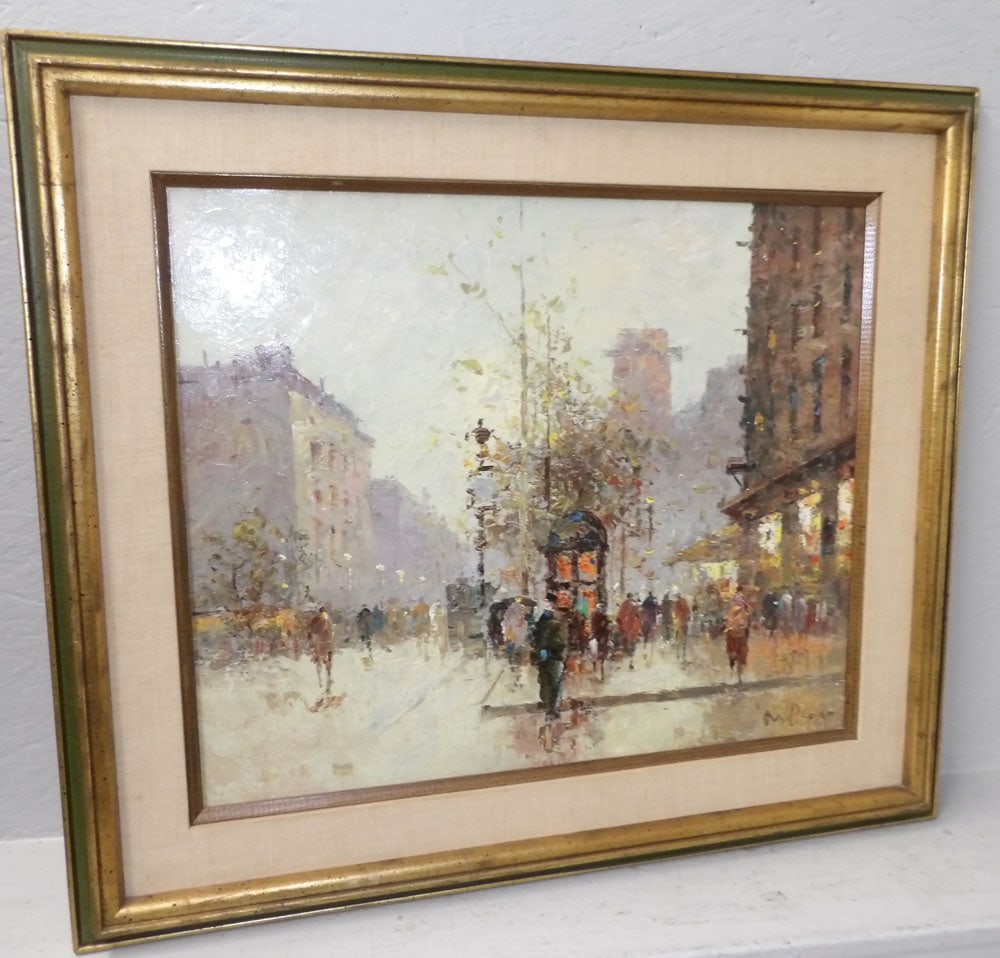 framed oil on canvas French street scene signed by artist (1 of 4)