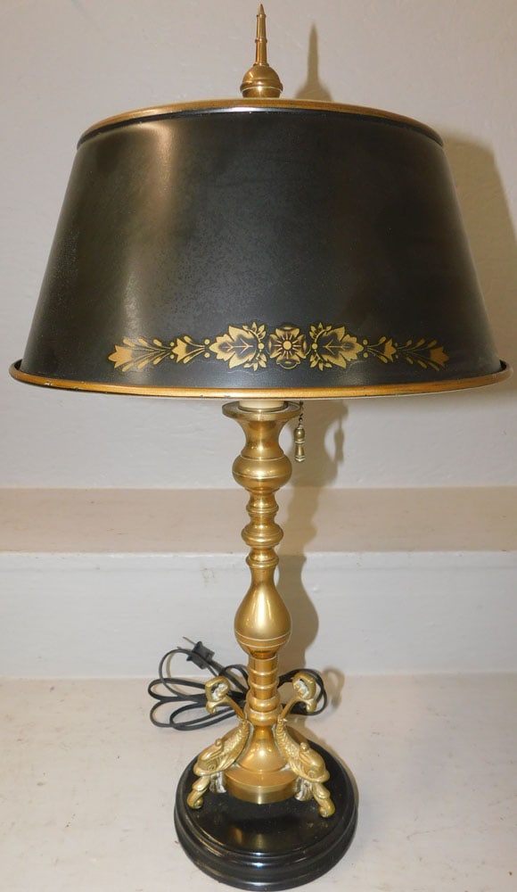 brass bouillotte lamp with painted metal shade & dolphin base: brass bouillotte lamp with painted metal shade & dolphin base. 24" H "ALL DESCRIPTIONS AND ANY CONDITION STATEMENT GIVEN BY LANGSTON AUCTION GALLERY ARE STRICTLY OPINIONS AND LANGSTON'S SHALL HAVE NO 