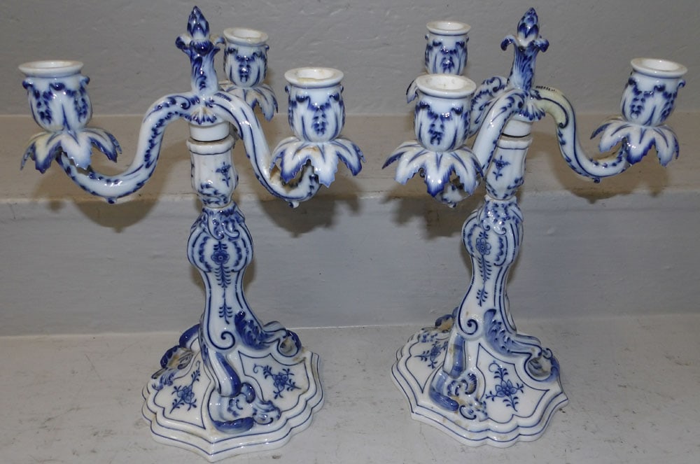 pair of Meissen porcelain three light candelabras: pair of Meissen porcelain three light candelabras . 13" H "ALL DESCRIPTIONS AND ANY CONDITION STATEMENT GIVEN BY LANGSTON AUCTION GALLERY ARE STRICTLY OPINIONS AND LANGSTON'S SHALL HAVE NO RESPONSIBIL