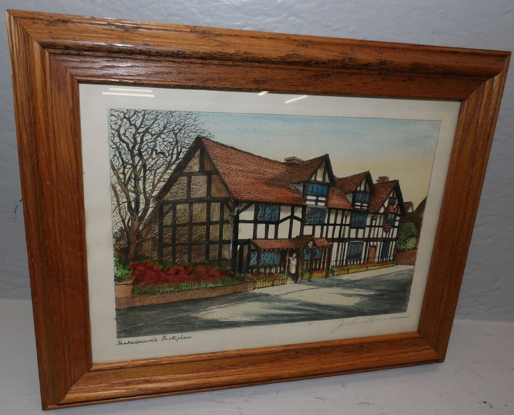 colored engraving of Shakespeare home pencil signed: colored engraving of Shakespeare home pencil signed . 14 3/4" by 11 3/4" "ALL DESCRIPTIONS AND ANY CONDITION STATEMENT GIVEN BY LANGSTON AUCTION GALLERY ARE STRICTLY OPINIONS AND LANGSTON'S SHALL HAVE