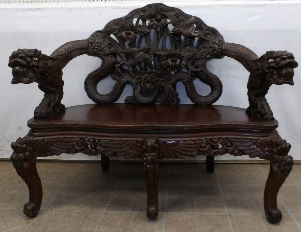 painted carved wood Chinese dragon bench (1 of 5)