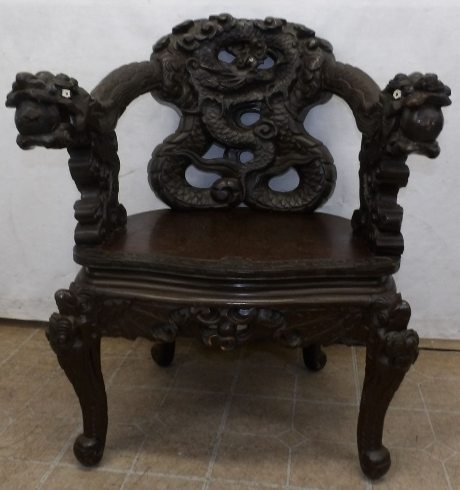 painted carved wood Chinese dragon arm chair (1 of 5)