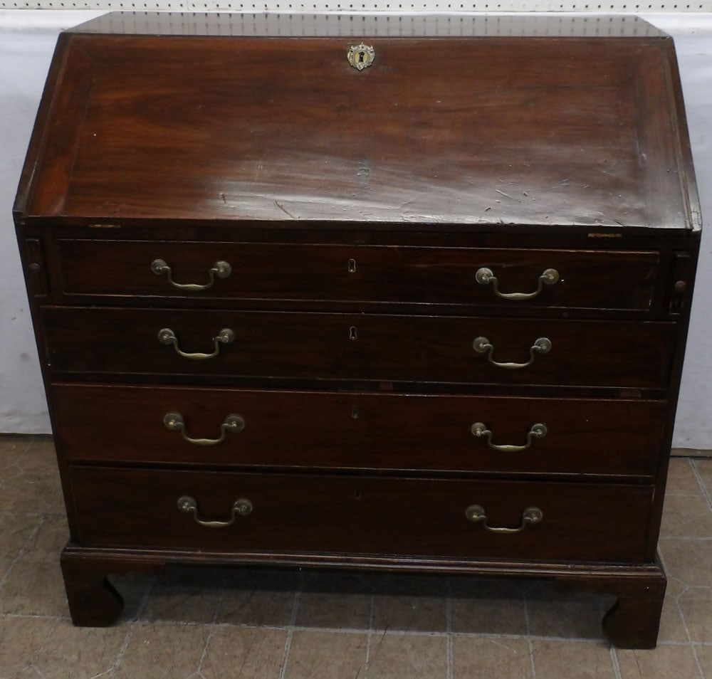 19th Century Mahogany Slant Front Desk: 19th Century Mahogany Slant Front Desk. 43 3/4" W 23 3/4" D 42 3/4" H "ALL DESCRIPTIONS AND ANY CONDITION STATEMENT GIVEN BY LANGSTON AUCTION GALLERY ARE STRICTLY OPINIONS AND LANGSTON'S SHALL HAVE NO