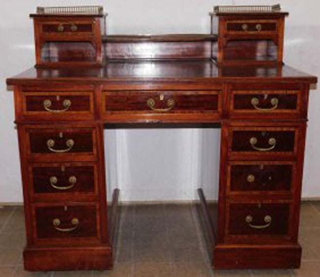 Antique Mahogany Inlaid Desk with Bronze Gallery: Antique Mahogany Inlaid Desk with Bronze Gallery . 42 1/4" W 24 1/2" D 39" H "ALL DESCRIPTIONS AND ANY CONDITION STATEMENT GIVEN BY LANGSTON AUCTION GALLERY ARE STRICTLY OPINIONS AND LANGSTON'S SHALL 