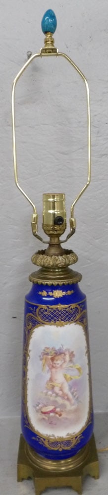 Painted Porcelain French Vase Made Into Lamp with Cherub Motif Artist Signed (1 of 3)