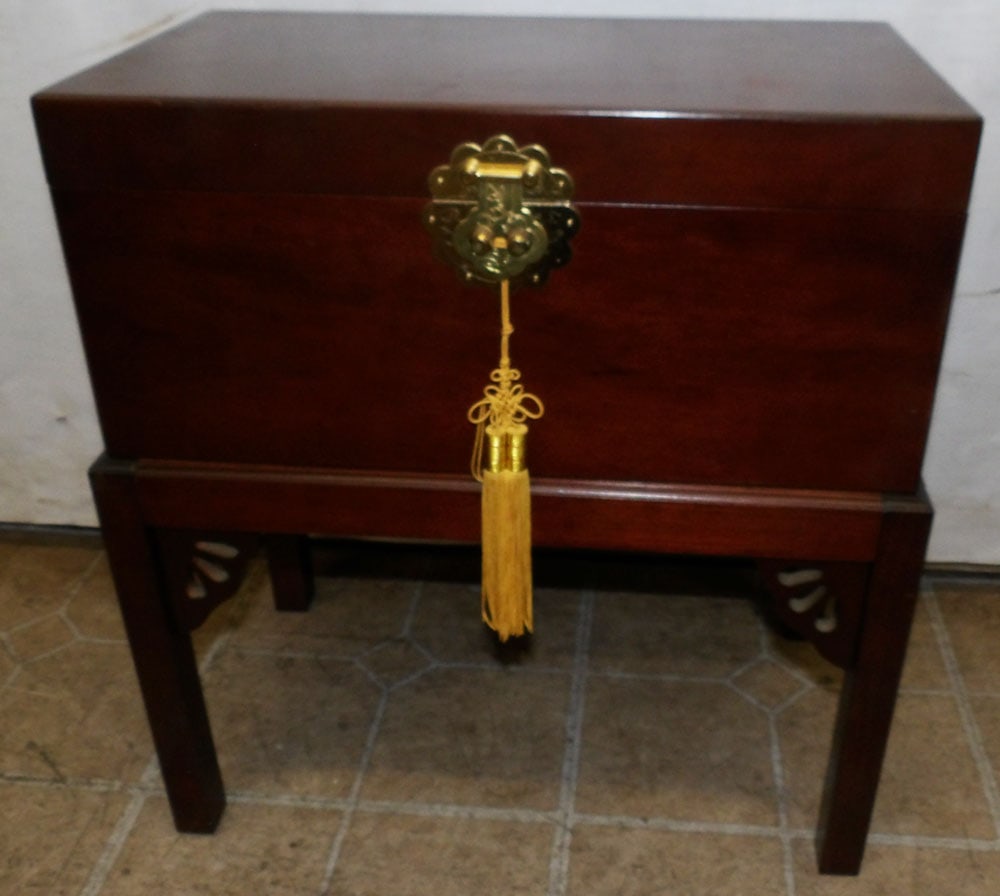 Cherry Box on Stand: Cherry Box on Stand . 18 1/2" W 10 3/4" D 19 3/4" H "ALL DESCRIPTIONS AND ANY CONDITION STATEMENT GIVEN BY LANGSTON AUCTION GALLERY ARE STRICTLY OPINIONS AND LANGSTON'S SHALL HAVE NO RESPONSIBILITY FO
