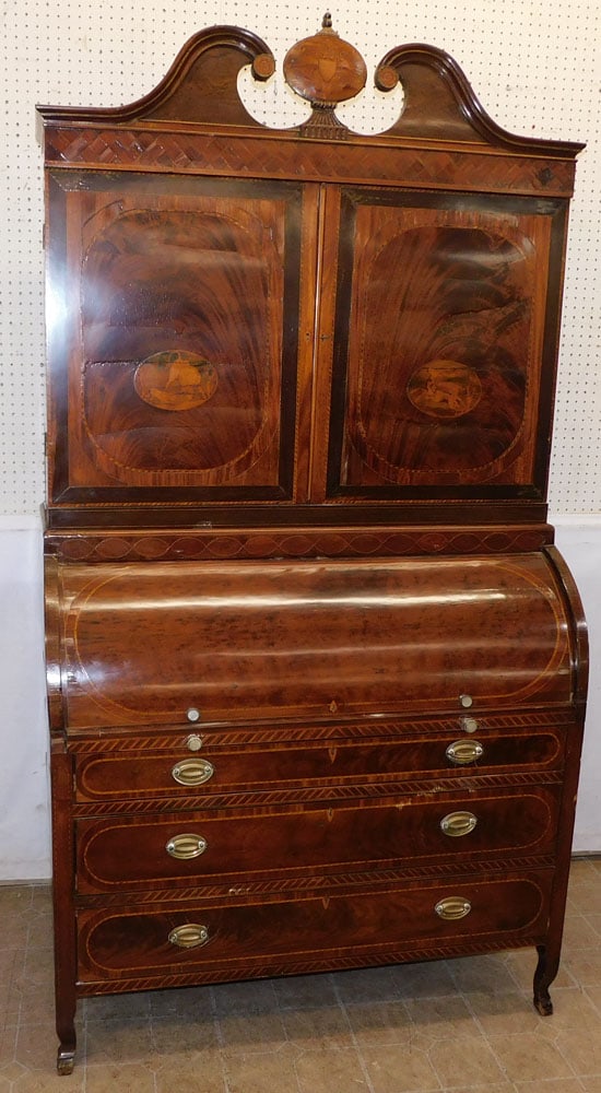 19th Century Two Part Mahogany Inlaid Cylinder Roll Secretary with Tooled Leather Interior: 19th Century Two Part Mahogany Inlaid Cylinder Roll Secretary with Tooled Leather Interior. 46" W 24" D 89" H "ALL DESCRIPTIONS AND ANY CONDITION STATEMENT GIVEN BY LANGSTON AUCTION GALLERY ARE STRICT