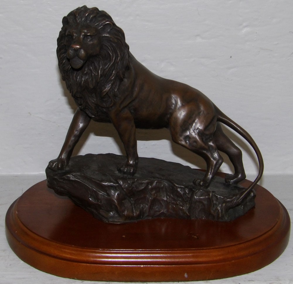 Bronze Standing Lion on Oval Wood Base Artist Signed (1 of 4)