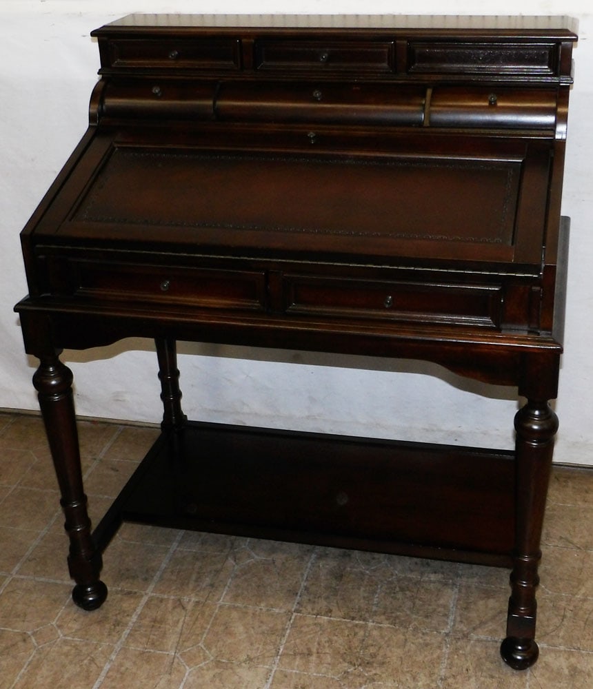 Cherry Tooled Leather Top Ladies Secretary Desk with Multi-Drawer Top: Cherry Tooled Leather Top Ladies Secretary Desk with Multi-Drawer Top. "ALL DESCRIPTIONS AND ANY CONDITION STATEMENT GIVEN BY LANGSTON AUCTION GALLERY ARE STRICTLY OPINIONS AND LANGSTON'S SHALL HAVE N