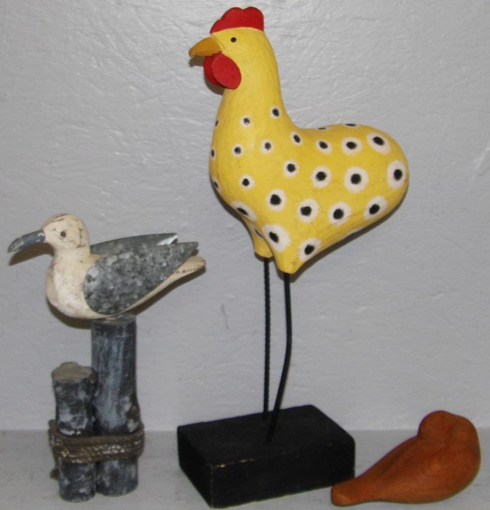 Painted Carved Folk Art Chicken, Carved Seashore Bird on Wood Post, & Pine Decoy, (One Artist (1 of 6)