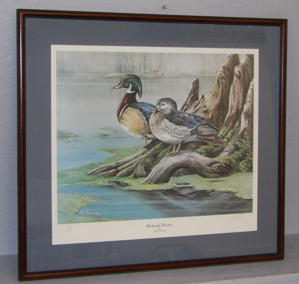 Framed & Matted Duck Print Entitled 'Backyard Woodies' by John Obolewicz: Framed & Matted Duck Print Entitled 'Backyard Woodies' by John Obolewicz. "ALL DESCRIPTIONS AND ANY CONDITION STATEMENT GIVEN BY LANGSTON AUCTION GALLERY ARE STRICTLY OPINIONS AND LANGSTON'S SHALL HAV