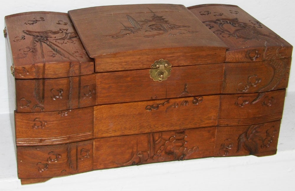 Ornate Oriental Lift Top Two Drawer Jewelry Chest with Dragon & Pheasant Motif Carvings (1 of 8)