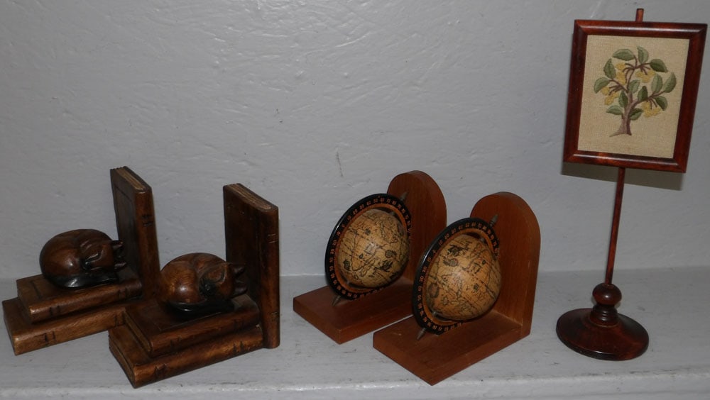 Carved Sleeping Cat on Book Bookends, Vintage Globe Bookends, & Crewel Work Candle Fire Screen (1 of 4)
