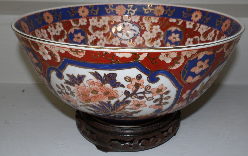 Oriental Imari Porcelain Style Bowl on Teak Wood Stand (1 of 3)