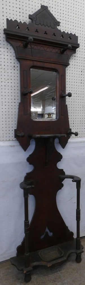 Antique Walnut Victorian Hall Tree with Cast Iron Drip Pan (1 of 5)
