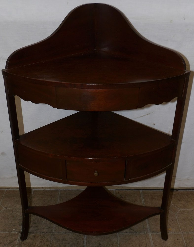 Mahogany Corner Washstand with One Drawer: Mahogany Corner Washstand with One Drawer. 25" W 18" D 38 1/2" H "ALL DESCRIPTIONS AND ANY CONDITION STATEMENT GIVEN BY LANGSTON AUCTION GALLERY ARE STRICTLY OPINIONS AND LANGSTON'S SHALL HAVE NO RESP