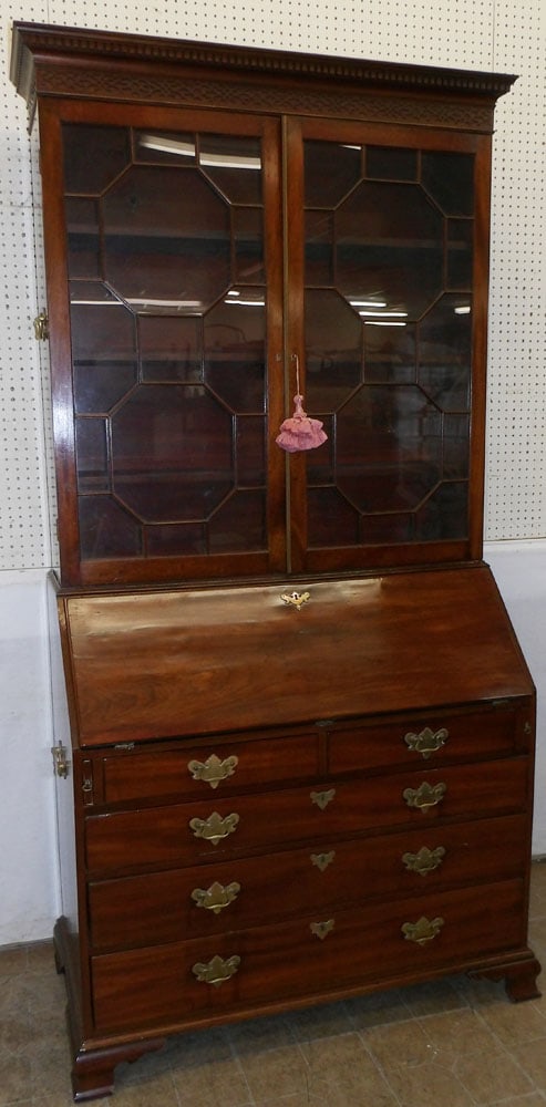 19th Century Two Part Mahogany English Slant Front Secretary with Shell Inlaid Interior & Brass (1 of 10)