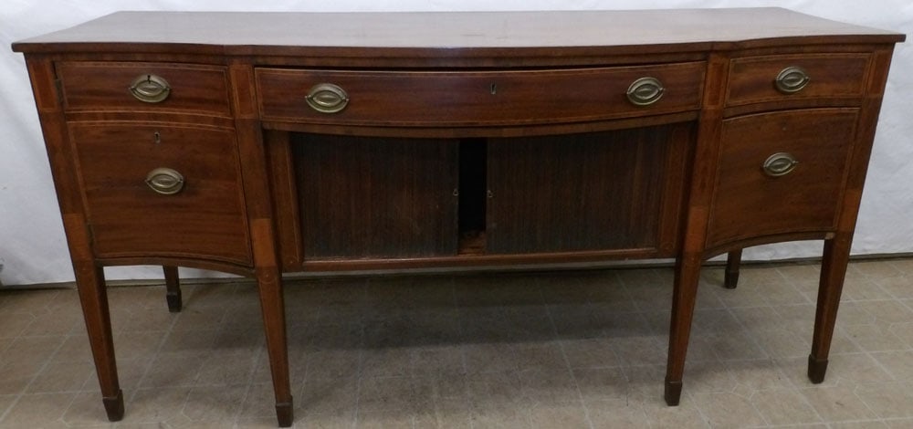 19th Century Mahogany Inlaid Sideboard with Tambour Doors: 19th Century Mahogany Inlaid Sideboard with Tambour Doors. 78" W 29 1/4" D 38 1/4" H "ALL DESCRIPTIONS AND ANY CONDITION STATEMENT GIVEN BY LANGSTON AUCTION GALLERY ARE STRICTLY OPINIONS AND LANGSTON'