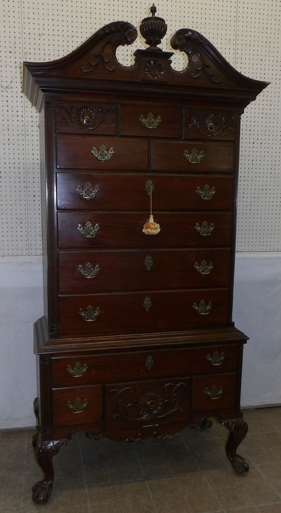 Carved Mahogany One Piece Broken Arch Top Highboy with Ball & Claw Feet (1 of 7)