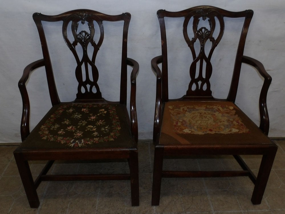 Pair of Antique Mahogany Chippendale Arm Chairs with Needlepoint Seats (1 of 5)