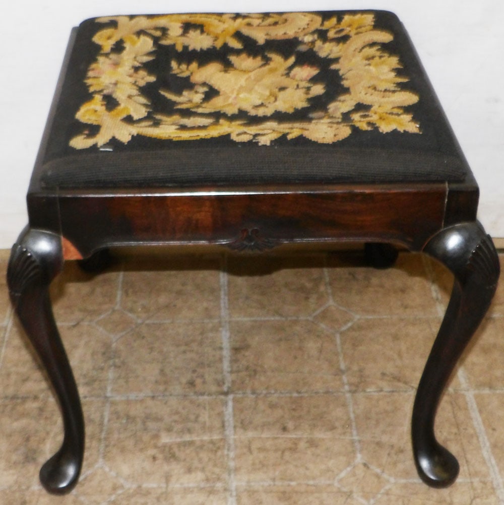 Antique Carved Mahogany Needlepoint Upholstered Top Stool (1 of 4)